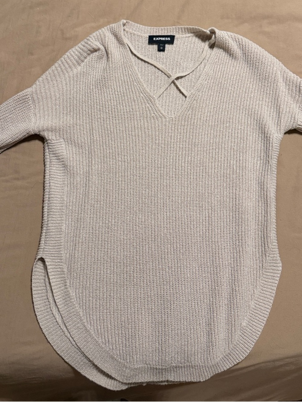 Express Cream Waffle Knit V-Neck Sweater